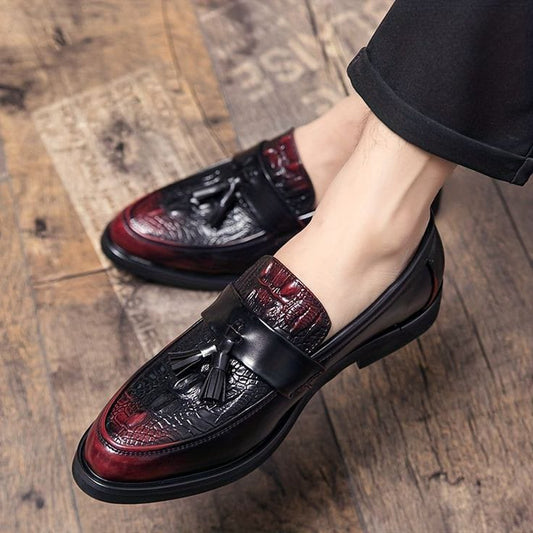Men’s Black & Maroon Croc-Embossed Tassel Loafers -3456